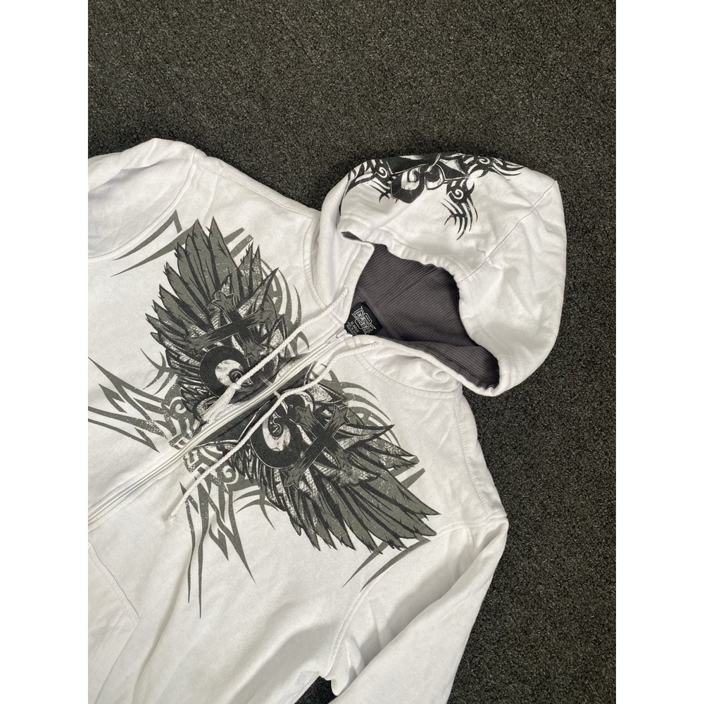 Vintage MMA Elite Full Zip Hoodie White/Gray Mens XL Tribal Wings Grunge Hip Y2K